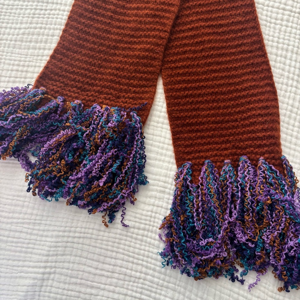 NWT KUNA 100% Peru alpaca burnt orange knit scarf with purple fringe